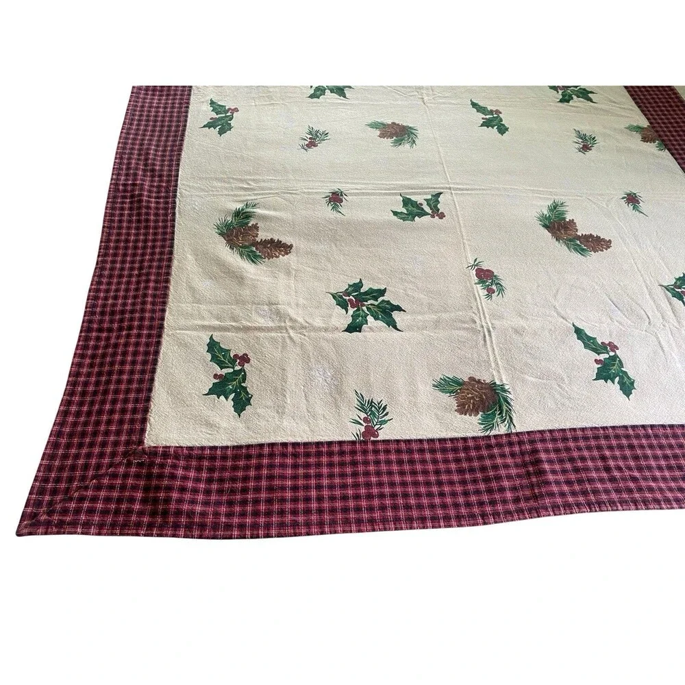 VTG 48” TableCloth Christmas Holly Pine Cones Snowflakes Country Plaid Handmade